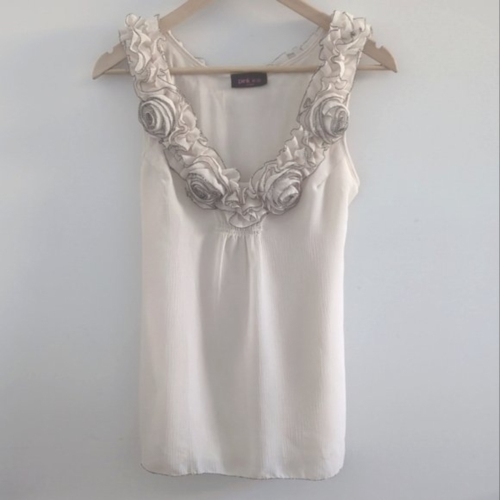 PINK ICE  | Women's Cream Floral Tie Up Sleeveless Blouse